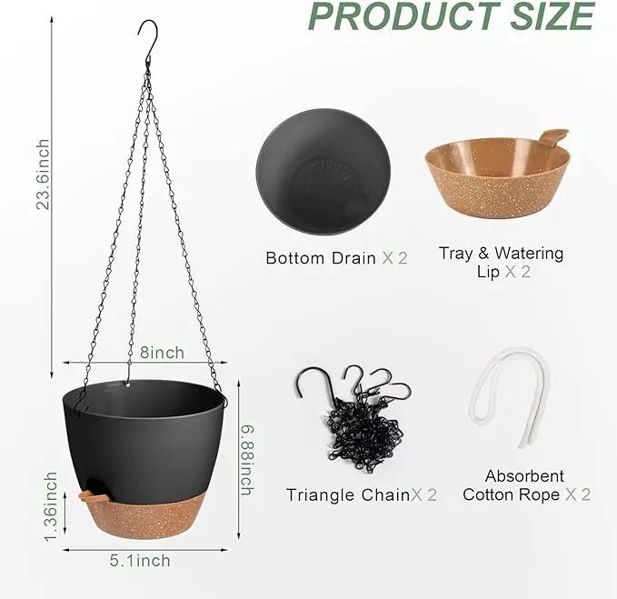 Hanging Planters for Indoor Outdoor Plants, 2 Pack Self Watering Hanging Pot with Drainage Holes & Removable Tray (Black, 8'') by GreenHaven Gardens