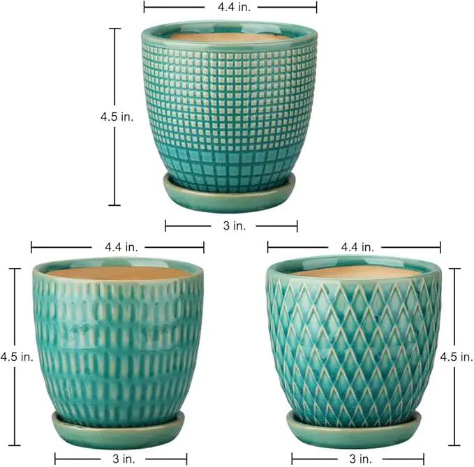 Oairse 4 inches Ceramic Planters Pots for Indoor Plants 3 Set of Small Round Flower Pots with Drainage Hole and Ceramic Tray Modern Planters Set for Succulents Cactus Garden Home Windowsill Table by GreenHaven Gardens