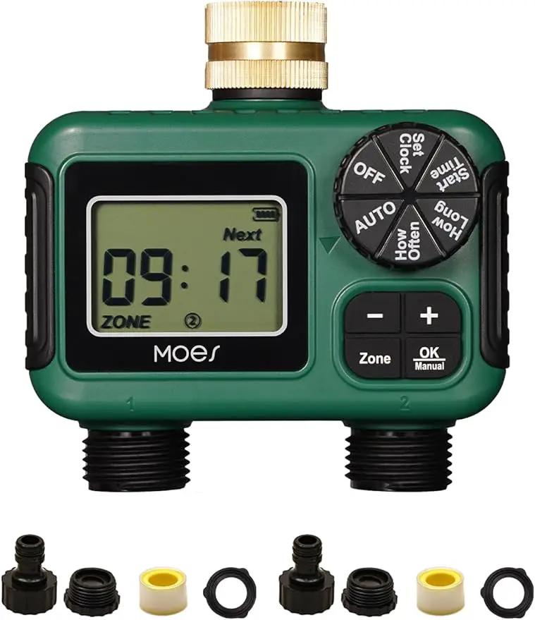 MOES 2 Outlet Sprinkler Timer, Brass Inlet, Programmable Automatic Irrigation Controller, Rain Delay, Manual Watering, 2 Zone Water Hose Timer for Gardens, Lawns, and Hose Systems by GreenHaven Gardens