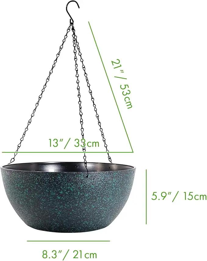 WOUSIWER 13 inch 2 Pack Large Hanging Planters for Indoor Outdoor Plants with Drainage Holes and Chain, Round Hanging Flower Pots for Garden Home Porch Decor, Black with Green Speckles by GreenHaven Gardens