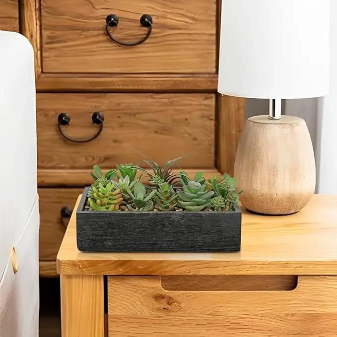 Artificial Succulent Plants in Pot 10 Inch Fake Succulent Arrangement Potted Succulents Plants Centerpiece in Rectangular Wooden Planter for Home Office Desk Shelf Living Room Bedroom Farmhouse Decor by GreenHaven Gardens
