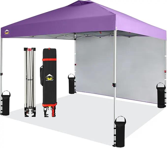 CROWN SHADES 10x10 Pop Up Canopy with 1 Side Wall - Beach Tent with One Push Setup - Outdoor Sun Shade for Events, Parties, Camping - Gazebo with STO-N-Go Cover Bag (Purple) by GreenHaven Gardens