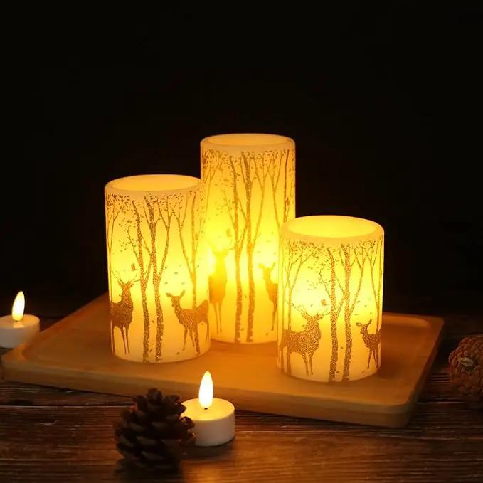 Gold Deer Flameless Candles with 6H Timer, Set of 3 Real Wax LED Flickering Candles, Christmas Pillar Candles with Gold Elk Decor for Home Party Decorations(H6 x D3) by GreenHaven Gardens