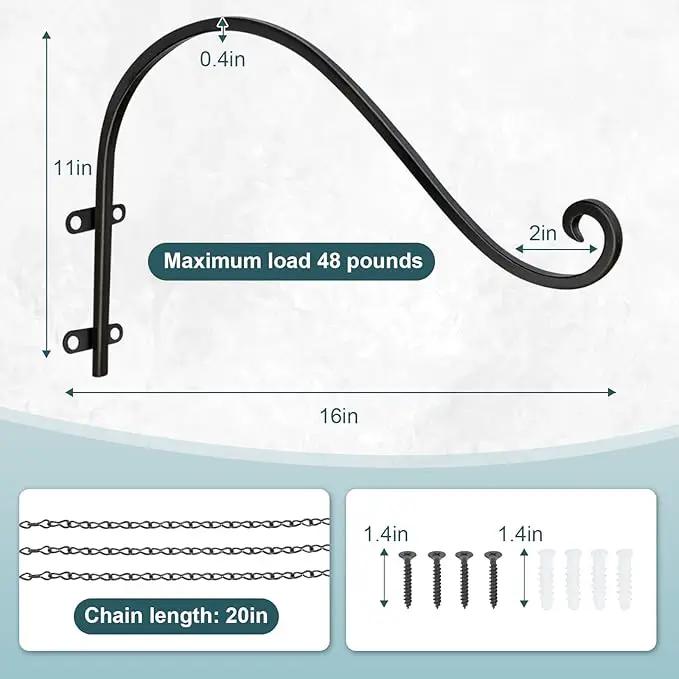 Plant Hangers Outdoor, 4 Pack 16 Inch Plant Hooks with 12 Chains for Wall Metal Plants Hanging Bracket for Bird Feeder, Flower Baskets, Wind Chimes, Lanterns, Indoor Outdoor, Black by GreenHaven Gardens