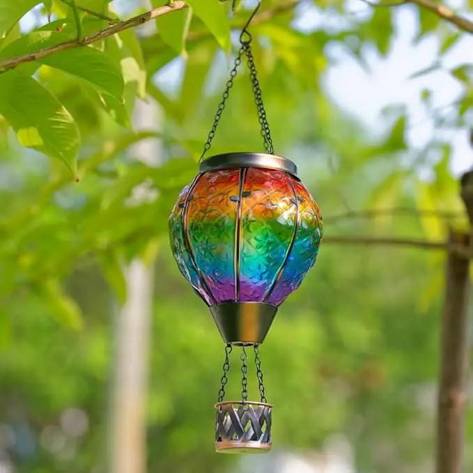 DREAMSOUL Rainbow Hot Air Balloon Solar Lantern, Metal & Glass With Flickering Flame, Hanging Waterproof Outdoor Lantern for Lawn, Patio, Tree Decor, Christmas Gifts by GreenHaven Gardens
