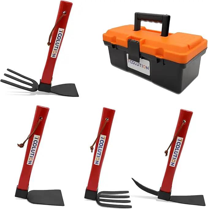 Garden Tool Set with Tool Box 4 Piece Heavy Duty Gardening Tools Kit with Hoe Rake Shovel Fork Non Slip Handle Garden Hand Tools for Digging Weeding Planting by GreenHaven Gardens