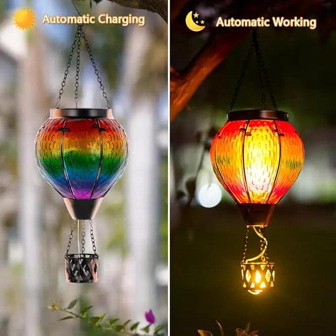 DREAMSOUL Hot Air Balloon Solar Lantern with Candle Holder, Glass Hanging Solar Lantern with Flickering Flame, Solar Lanterns Outdoor Waterproof for Lawn, Patio, Porch, Tree Decor by GreenHaven Gardens