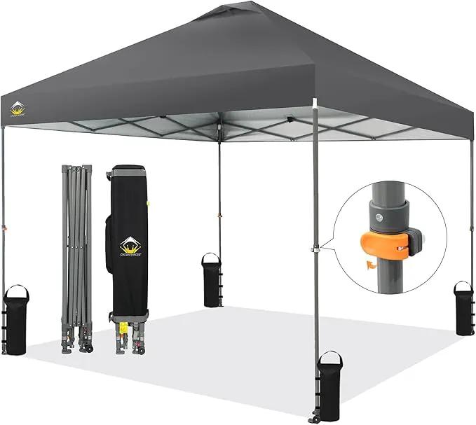 CROWN SHADES Adjustable Height on The Fly, 10x10 Pop Up Canopy - Beach Tent with One Push Setup - Easy Outdoor Sun Shade for Events, Parties, Camping - Outside Shade with STO-N-Go Bag, Grey by GreenHaven Gardens