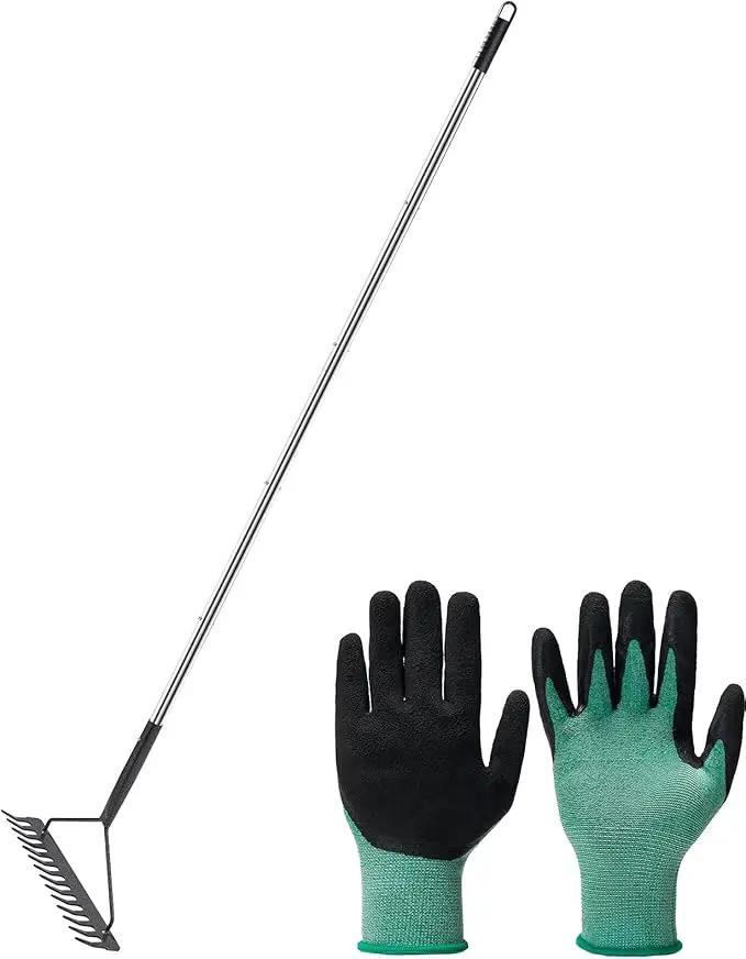 Sturdy Garden Rakes for Leaves: Metal Rake Heavy Duty Tool for Quick Clean Up of Lawn and Yard, 38’’--63’’ Adjustable Long Handle and 14Tines by GreenHaven Gardens