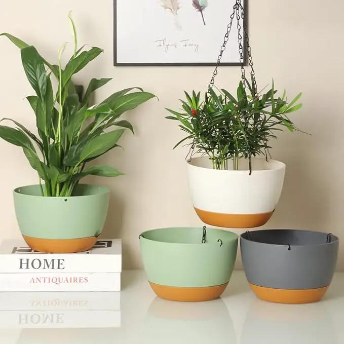 2 Pack Plastic Hanging Planters Set ,8.3 Inch Hanging Flower Plant Pot with Drainage Hole for Indoor Outdoor Plants, Round Hanging Basket with Removable Tray for Home Garden Porch Balcony Patio Decor by GreenHaven Gardens
