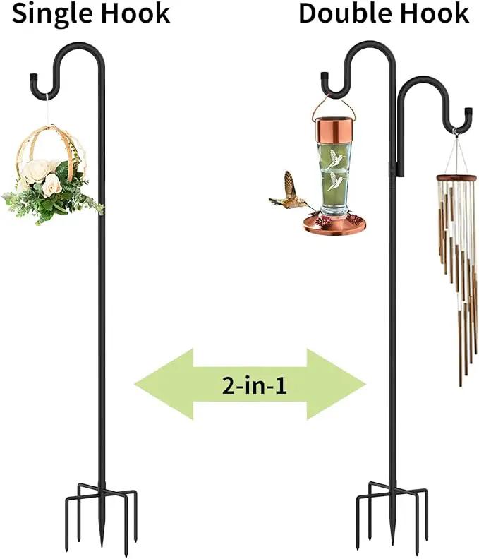 Double Shepherds Hooks for Outdoor, Bird Feeder Pole with 5 Prongs Base, Heavy Duty Garden Hook for Lantern, Wind Chime and Hummingbird Feeder, 76 Inch, 2 Pack by GreenHaven Gardens