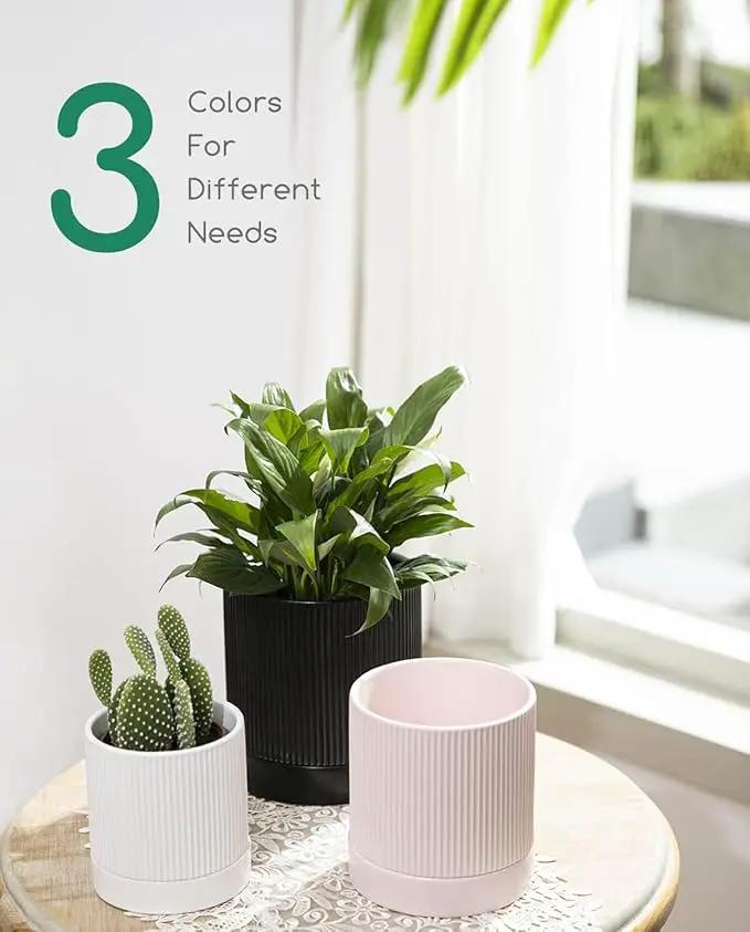 LaDoVita 3 Pack Ceramic Plant Pots 6/5/4 inch, Flowerpot for Indoor Plants with Drainage Holes and Tray, Outdoor Garden Planters, Modern Decorative for Home, Pink Vertical Stripes by GreenHaven Gardens
