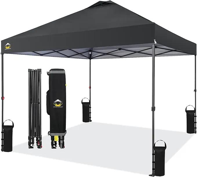 CROWN SHADES 10x10 Pop Up Canopy Tent - Patented Center Lock One Push Instant Outdoor Canopy Beach Tent with STO-N-Go Bag 8 Stakes & 4 Sand Bags，Black by GreenHaven Gardens