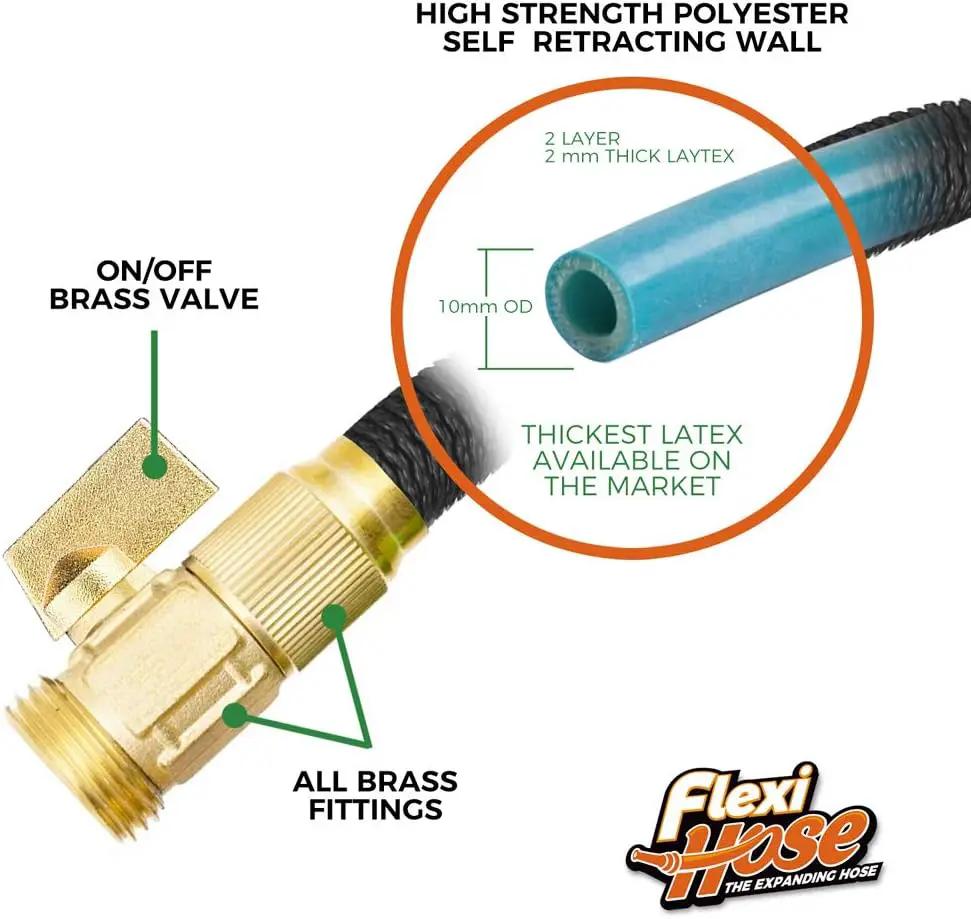 Flexi Hose PLUS with 8 Function Nozzle Expandable Garden Hose, Lightweight & No-Kink Flexible Garden Hose, 3/4 inch Solid Brass Fittings and Double Latex Core, 25 ft Black by GreenHaven Gardens