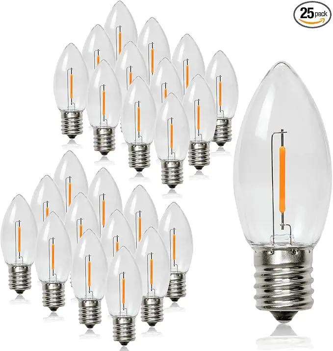 Waterproof C9 Replacement LED Light Bulbs –0.6W Equivalent to 7W, White Warm 2200K Outdoor String Lights E17 Base LED Light Bulbs, Clear Plastic, 25Pack by GreenHaven Gardens