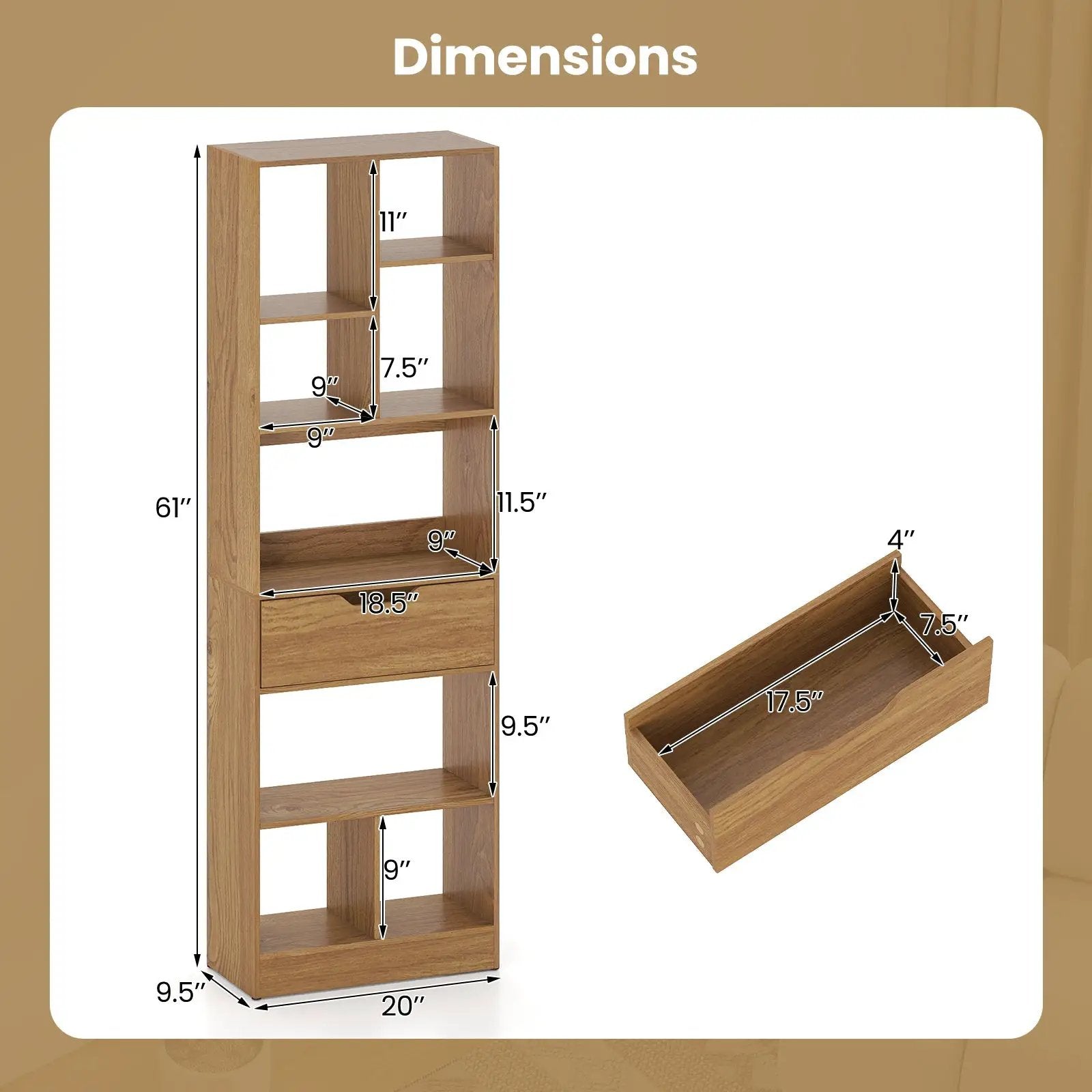 61inch Tall Freestanding Bookcase with Drawer 8-Cube Storage Organizer by DirectDeals