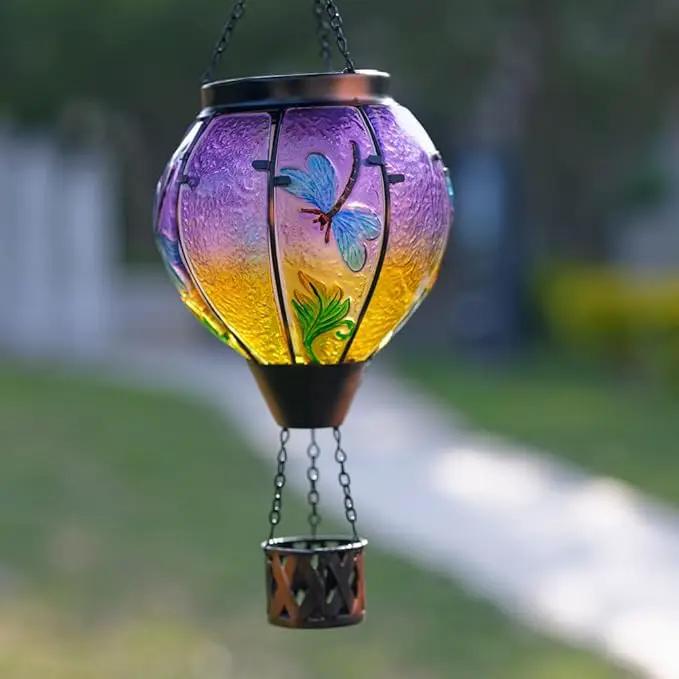 Starsoul Dragonfly Hot Air Balloon Solar Lantern Outdoor Glass Hanging Hot Air Balloon Lantern with Flame Light Waterproof for Patio Pathway Yard Porch Backyard Decor by GreenHaven Gardens