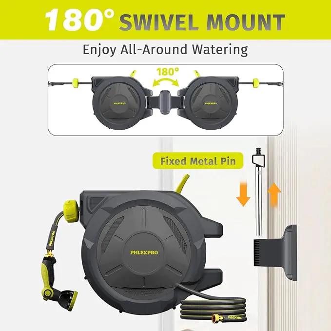 Retractable Garden Hose Reel 105FT, 1/2 inch Wall Mounted Hose Reel with Full Brass Fittings, 10 Patterns Spray Nozzle, Any Length Lock, 180° Automatic Rewind by GreenHaven Gardens