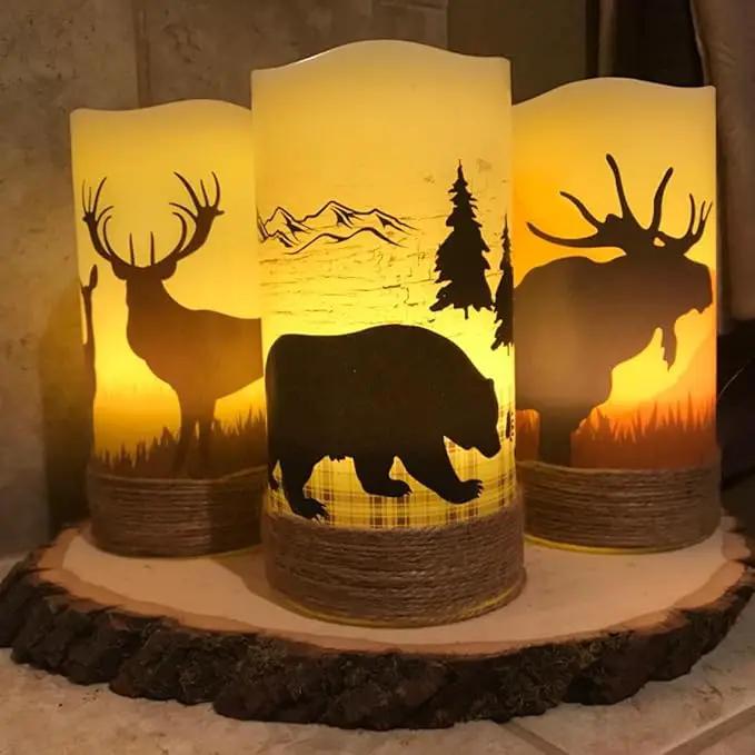 Flickering Flameless Candles with 6H Timer, LED Warm Light Pillar Candles Battery Operated Real Wax with Hemp Rope, Deer, Moose, Bear, Home Table Decoration for Wedding Party by GreenHaven Gardens