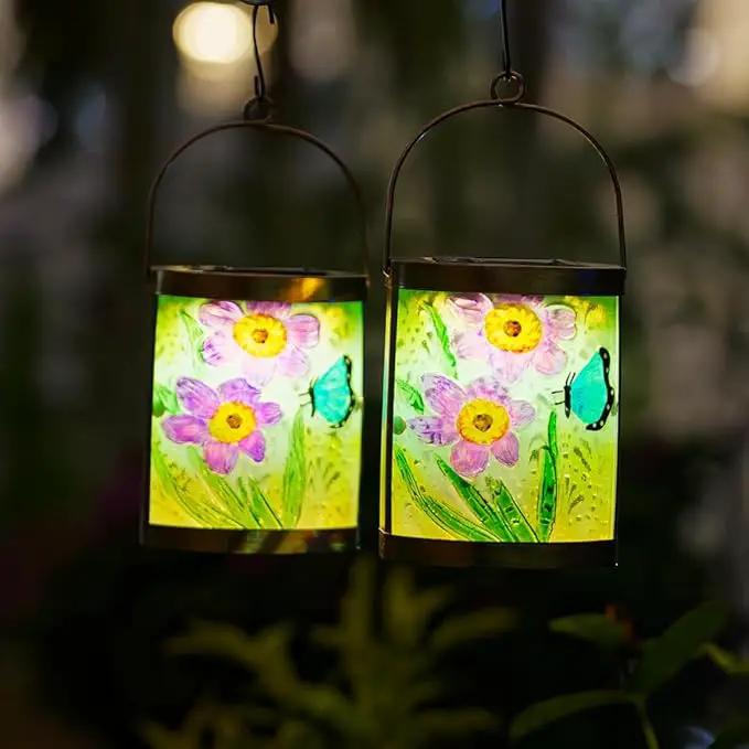 Starsoul 2 Pack Hanging Solar Lantern Outdoor Waterproof Glass Butterfly and Flowers Decorative Solar Lights for Outside Garden Yard Table Patio Decor by GreenHaven Gardens
