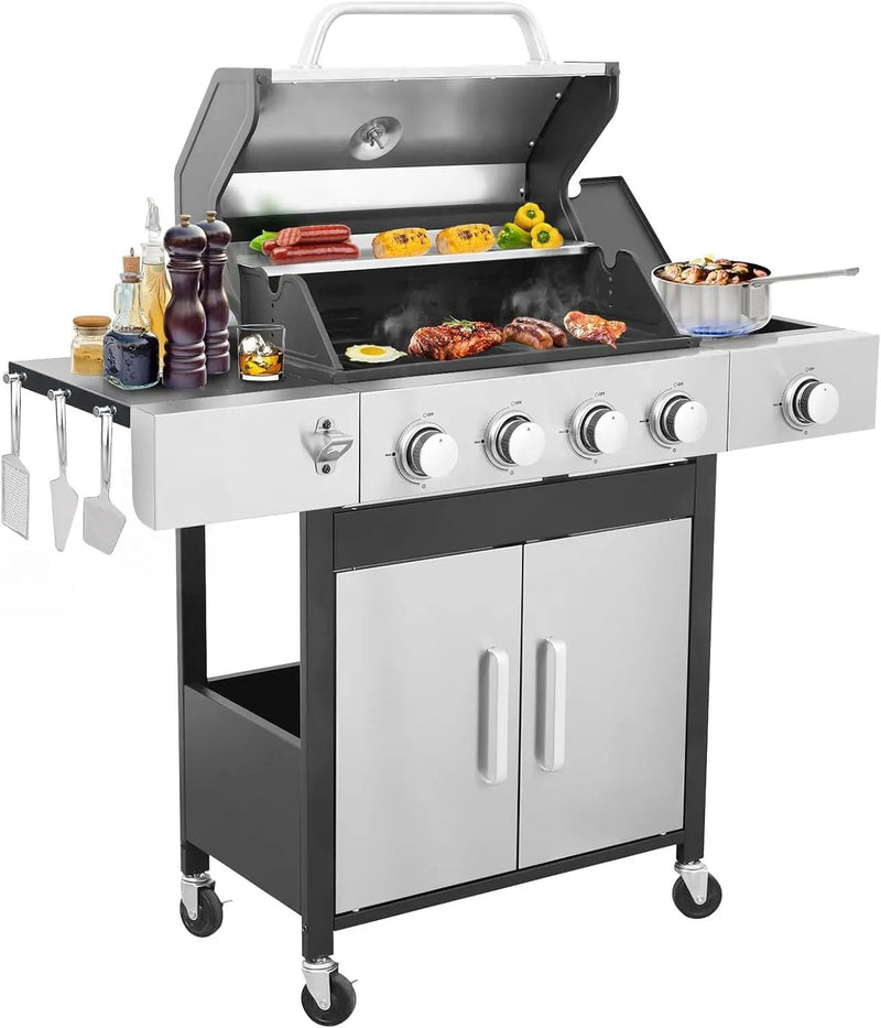4 Burner Gas Grill with Side Burner, Dual-sided Frying Pan, Built-in Thermometer, Wheels, Side Table, Stainless Steel Burner, 47,000 BTU Outdoor Grill for Patio, Garden, Balcony by GreenHaven Gardens