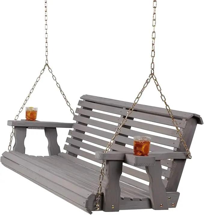 Amish Casual 4 Foot Roll Back Porch Swing with Cup Holders in Semi-Solid Grey Stain - Amish Made in The USA from Treated Pine Heavy Duty 700 Lb. Weight Capacity by GreenHaven Gardens
