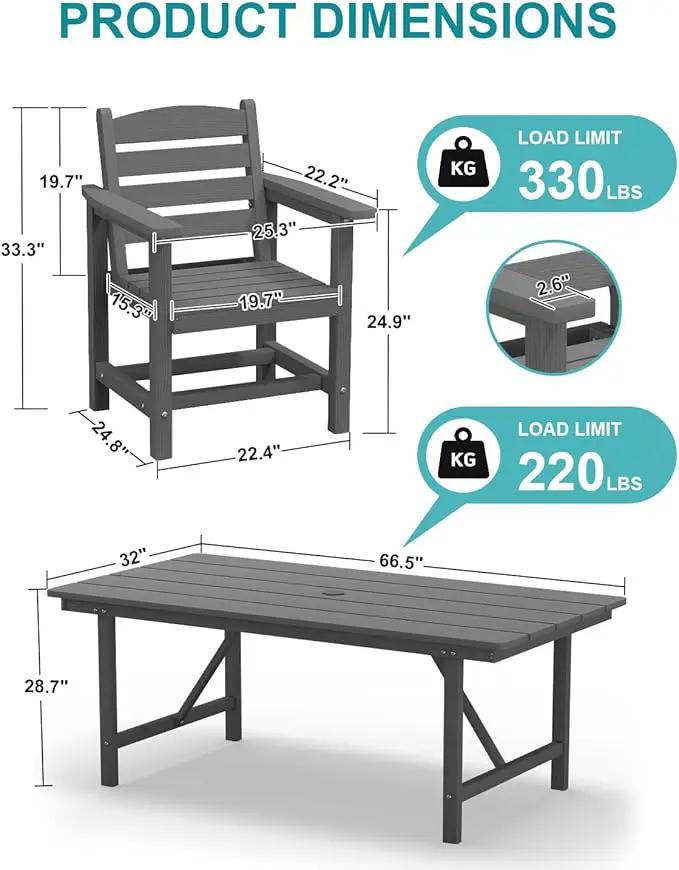 Patio Dining Set for 6 with Umbrella Hole - 66" Outdoor Table & 6 Chairs, All-Weather HDPE Outdoor Furniture for Lawn, Garden, Backyard, Poolside, Gray by GreenHaven Gardens