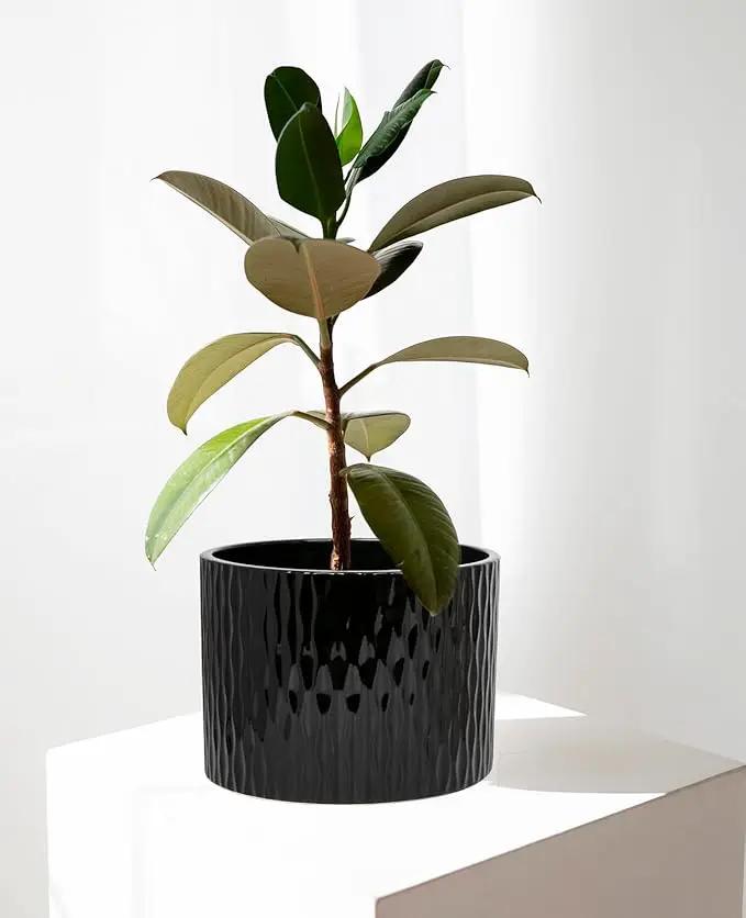 LaDoVita Ceramic Plant Pot with Stand, 10 Inch Planter with Wood Shelf, Modern Round Flower Pots Indoor with Wood Planter Holder, Black Water Ripple Pattern by GreenHaven Gardens