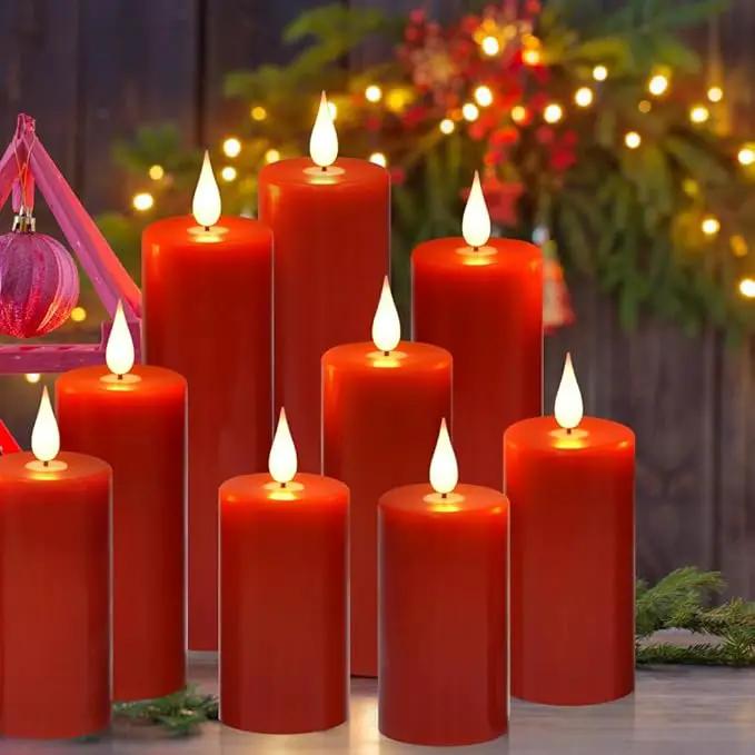 Flameless Flickering Battery Operated Candles 9PACK Real Wax Pillar LED Candles with 10-Key Remote Control and 24 Hours Timer for Wedding, Party, Home Decoration (Red) by GreenHaven Gardens