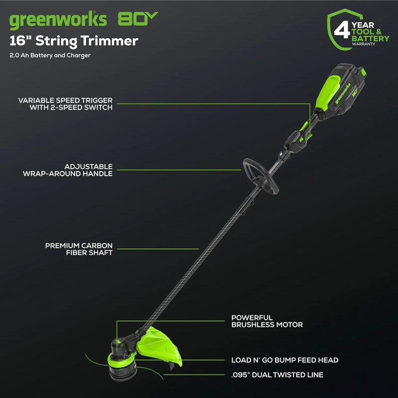 Greenworks 80V 16" Carbon Fiber Brushless Cordless String Trimmer - 2-Mile Fence Line & Driveway Edging Pro, 2.0Ah Battery/Charger Included, 23% Lighter vs Gas Trimmers by GreenHaven Gardens