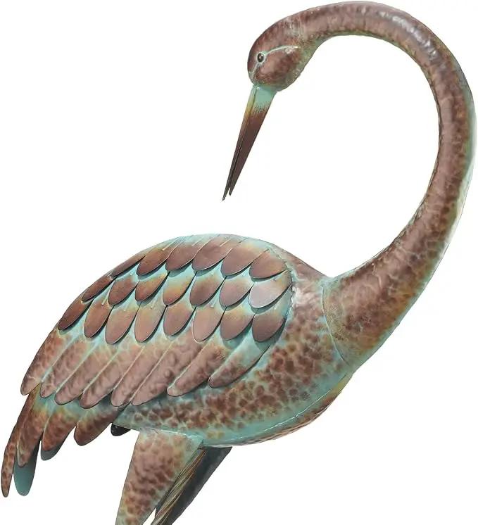 Regal Art & Gift Outdoor Garden Décor, Unique Bird Sculpture, Rustic Metal Bird Statues, Garden Ornaments, Bird Figurine for Lawn, Decorative Sculpture, Crane, Bronze/Green, Back Preening, 38"height by GreenHaven Gardens