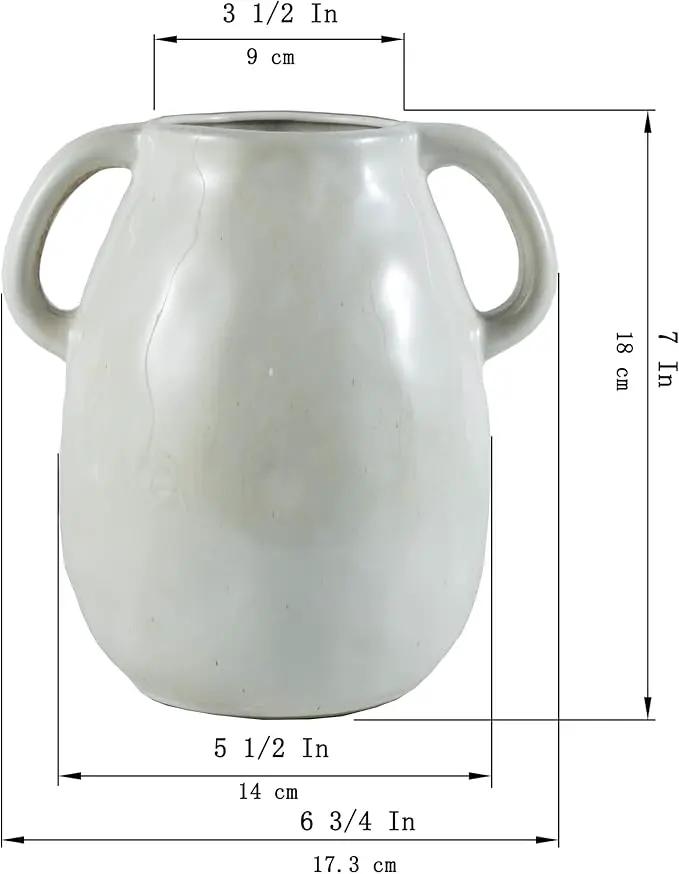 White Ceramic Vase with 2 Handles, Modern Farmhouse Decor, Rustic Terracotta Pottery, Decorative Flower Vases, Clay Small Vase, Centerpiece for Dining Table - 7 Inch Tall by GreenHaven Gardens