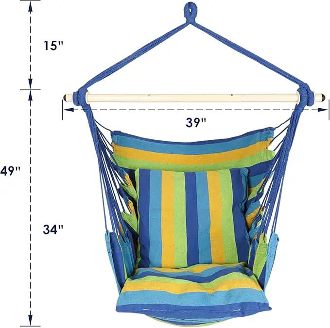 Highwild Hammock Chair Hanging Rope Swing - Max 500 Lbs - 2 Cushions Included - Steel Spreader Bar with Anti-Slip Rings - for Any Indoor or Outdoor Spaces (Blue Striped) by GreenHaven Gardens