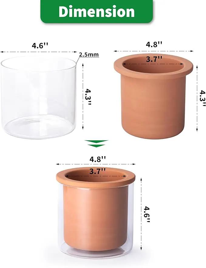 Phoenix Vine 4 Inch Self Watering Plants Pot, Design Terracotta Pot for Plants, Indoor Cylinder Terra Cotta Planter with Glass Vase, Set of 1, 51-A-E-1 by GreenHaven Gardens