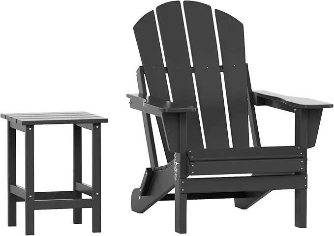 WO Home Furniture Adirondack Chair Table Set of 2 PCS Outdoor Folding Chair w Side Table Weather/UV Resistant for Lawn, Garden, Bon Fire, Balcony (Grey) by GreenHaven Gardens