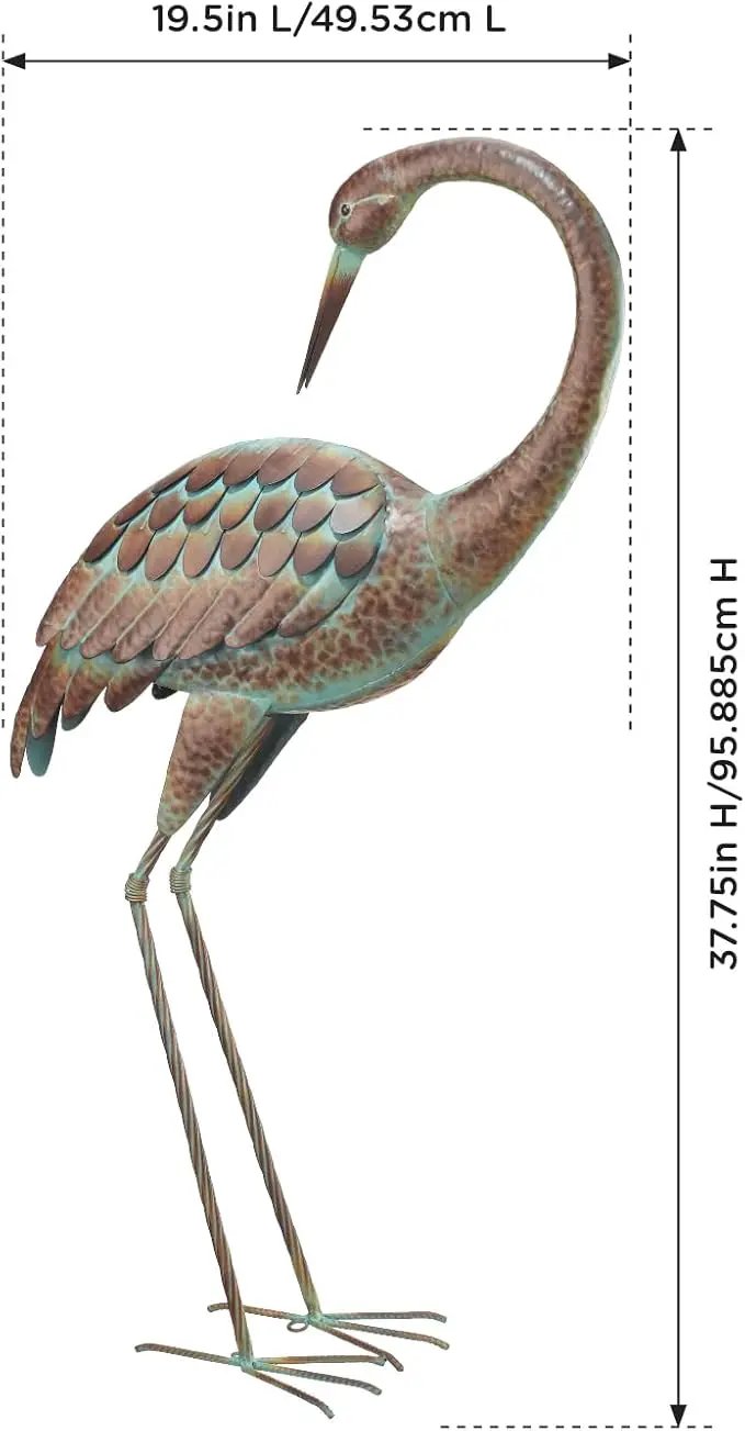 Regal Art & Gift Outdoor Garden Décor, Unique Bird Sculpture, Rustic Metal Bird Statues, Garden Ornaments, Bird Figurine for Lawn, Decorative Sculpture, Crane, Bronze/Green, Back Preening, 38"height by GreenHaven Gardens