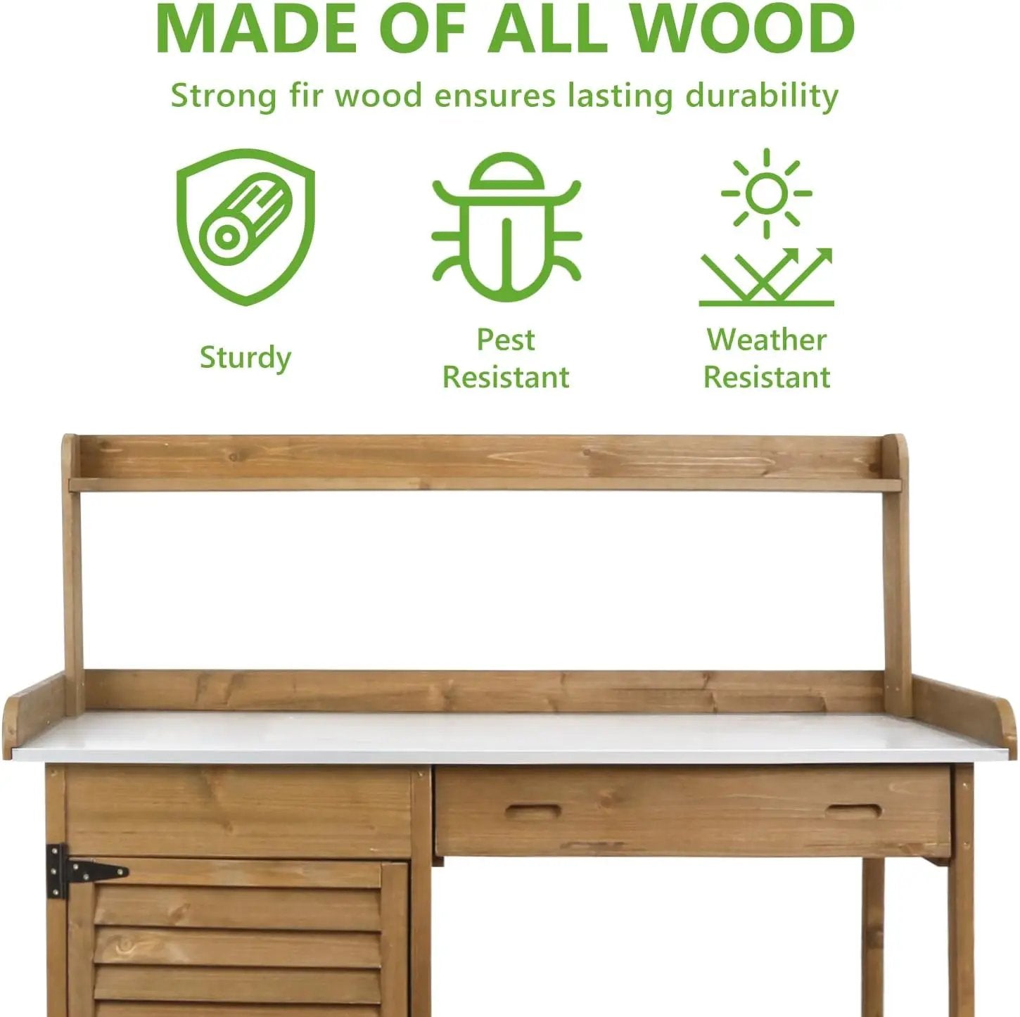 Garden Potting Benche Table Outdoor Wooden Work Station W/Metal Table top,Cabinet,Drawer,Large Bottom Shelf,Open Shelf Natural Wood-Brown-Brown by GreenHaven Gardens