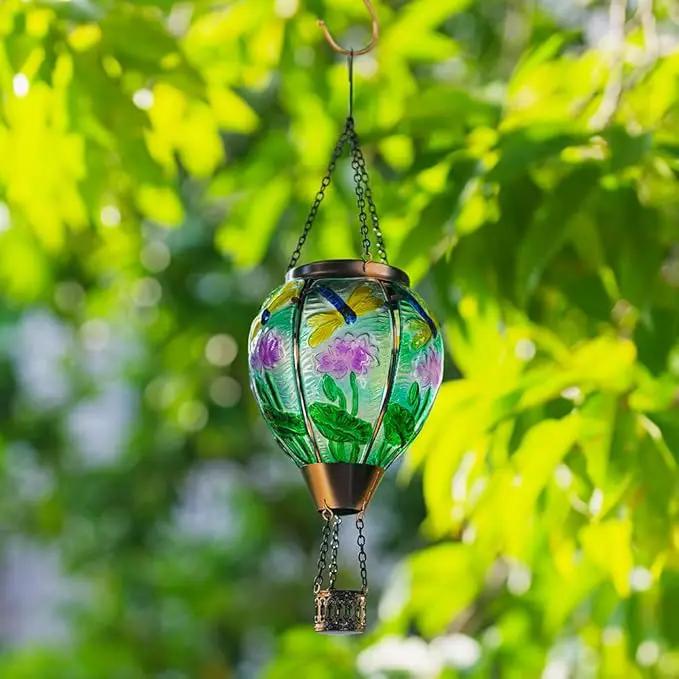 Starsoul Starsoul Dragonfly Hot Air Balloon Solar Lantern Glass Outdoor Hanging Hot Air Balloon Solar Flickering Flame Light Waterproof Garden Patio Yard Party Decorations by GreenHaven Gardens