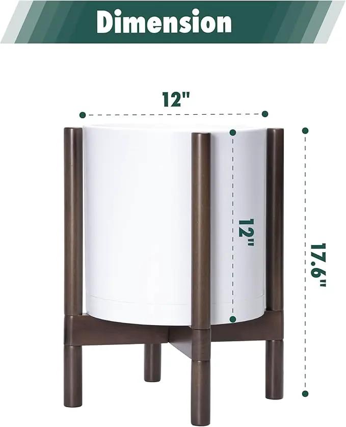 D'vine Dev Planter with Stand - 12 Inch Plastic Cylinder Flower Pot with Wood Holder for Indoor, Matte White Pot + Walnut Color Stand, 55-C-O-1 by GreenHaven Gardens
