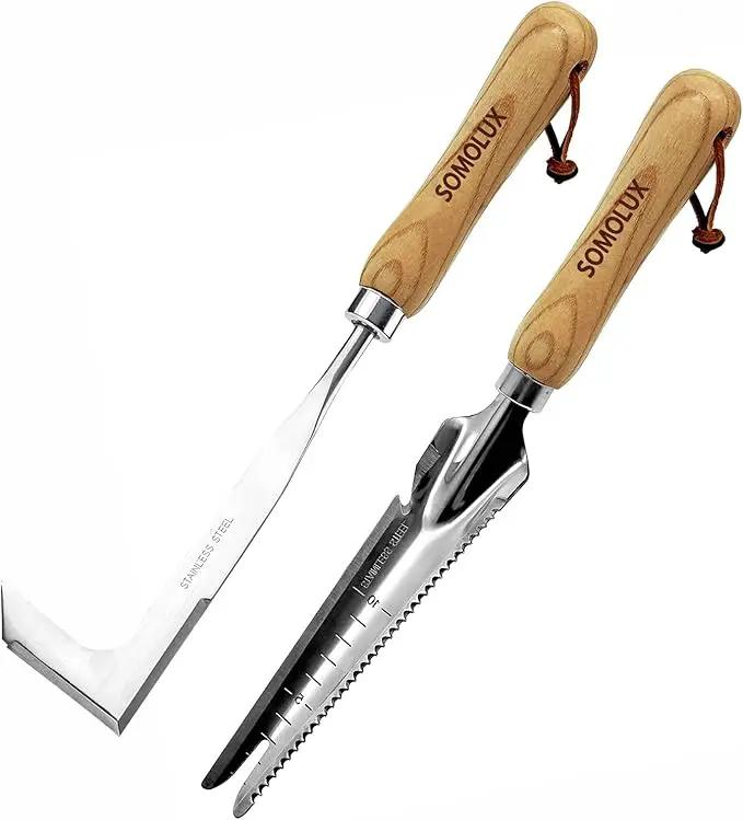 SOMOLUX Gardening Hand Weeder Tool Set, Multifunctional Garden Tools Stainless Steel with Wooden Handle for Garden Lawn Yard Planting Digging Measuring Pruning Cutting 2 Pack by GreenHaven Gardens