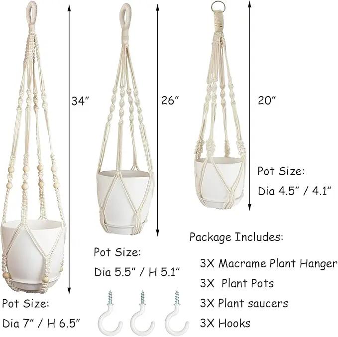 Macrame Plant Hangers with Pots and Saucers, 3 Pack Hanging Planters for Indoor Plants Hanging Plant Holders with Hooks 34" / 26" / 20" by GreenHaven Gardens