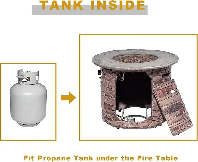 COSIEST Outdoor Propane Concrete Fire Pit Table w Imitation Stone Surface 32-inch Round Fire Table, CSA Certified, 40,000 BTU Stainless Steel Burner, Free Lava Rocks, Fits 20lb Tank Inside by GreenHaven Gardens