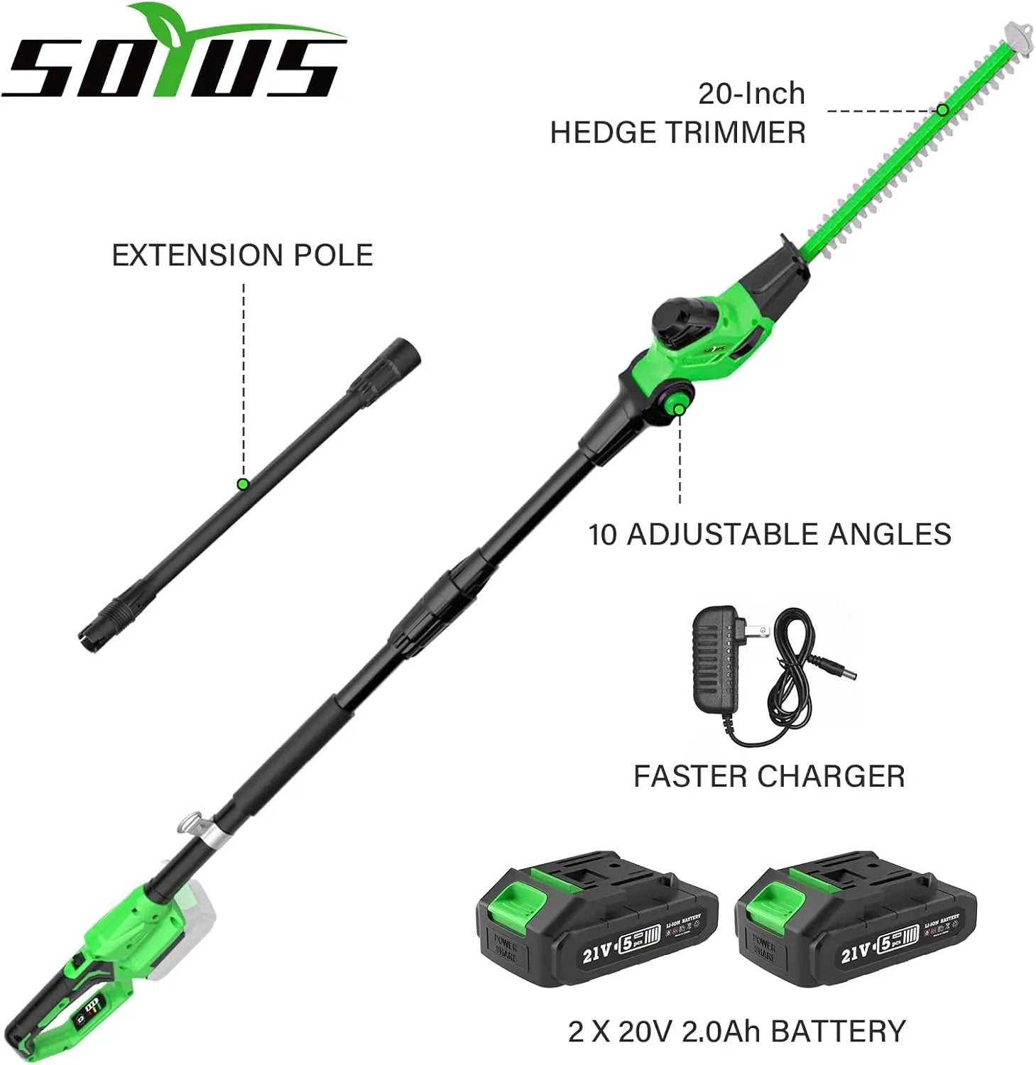 SOYUS Pole Hedge Trimmer Cordless, 18-inch Electric Hedge Trimmer with Extension Pole, 16-Foot Max Reach, Multi-Angle, 2 * 2.0Ah Batteries and Charger Included by GreenHaven Gardens