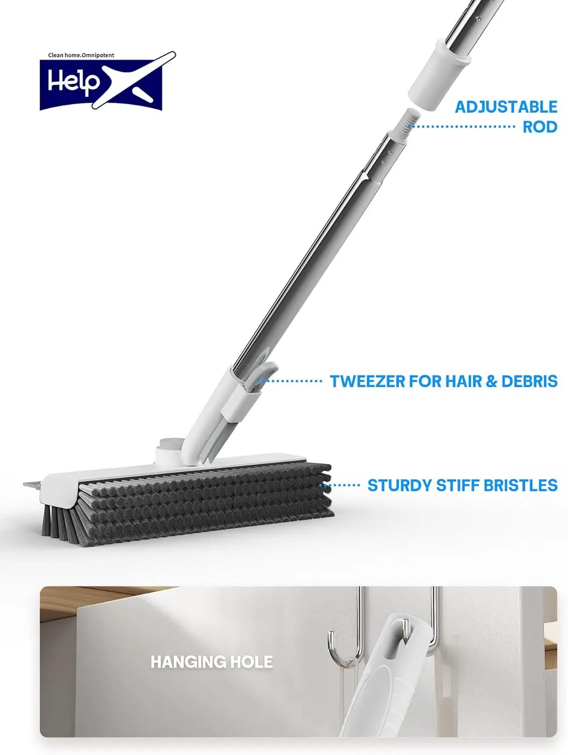 Floor Scrub Brush with Long Handle, 3 in 1 Scrape and Heavy-Duty Stiff Bristle Floor Scrubber Brush with Squeegee and Tweezer for Cleaning Tile Wall Deck Bathroom Patio Garage Kitchen (White) by GreenHaven Gardens