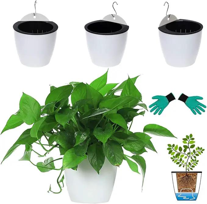 3 Packs 7.3" Plastic Self Watering Pots Wall Hanging Planters Wall Mounted Wicking Flower Pots for Indoor and Outdoor African Violet, Ocean Spider Plant, Orchid, White by GreenHaven Gardens