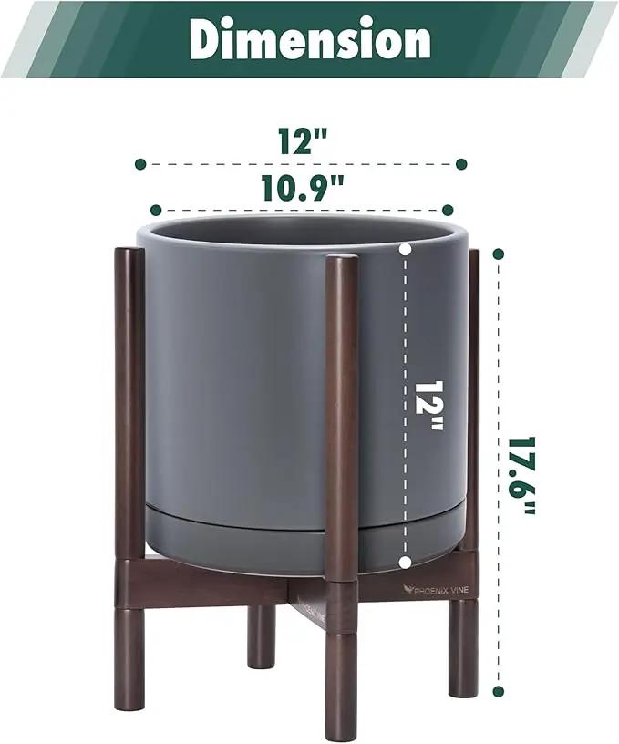 D'vine Dev Ceramic Planter with Walnut Color Stand - 12 Inch Modern Round Flower Pot with Wood Planter Holder, Grey, 55-B-W-3 by GreenHaven Gardens