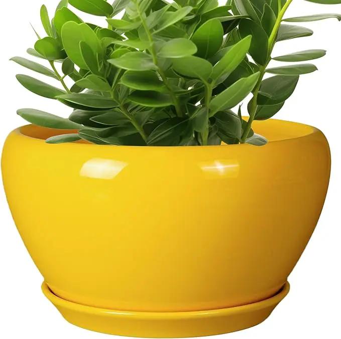 Indoor Planter 11 Inch - Decorative Mid-Century Large Ceramic Plant Pot for Outdoor Plants with Drainage Hole and Saucer, Home Balcony House Garden Patio Office Room Decor, Yellow by GreenHaven Gardens
