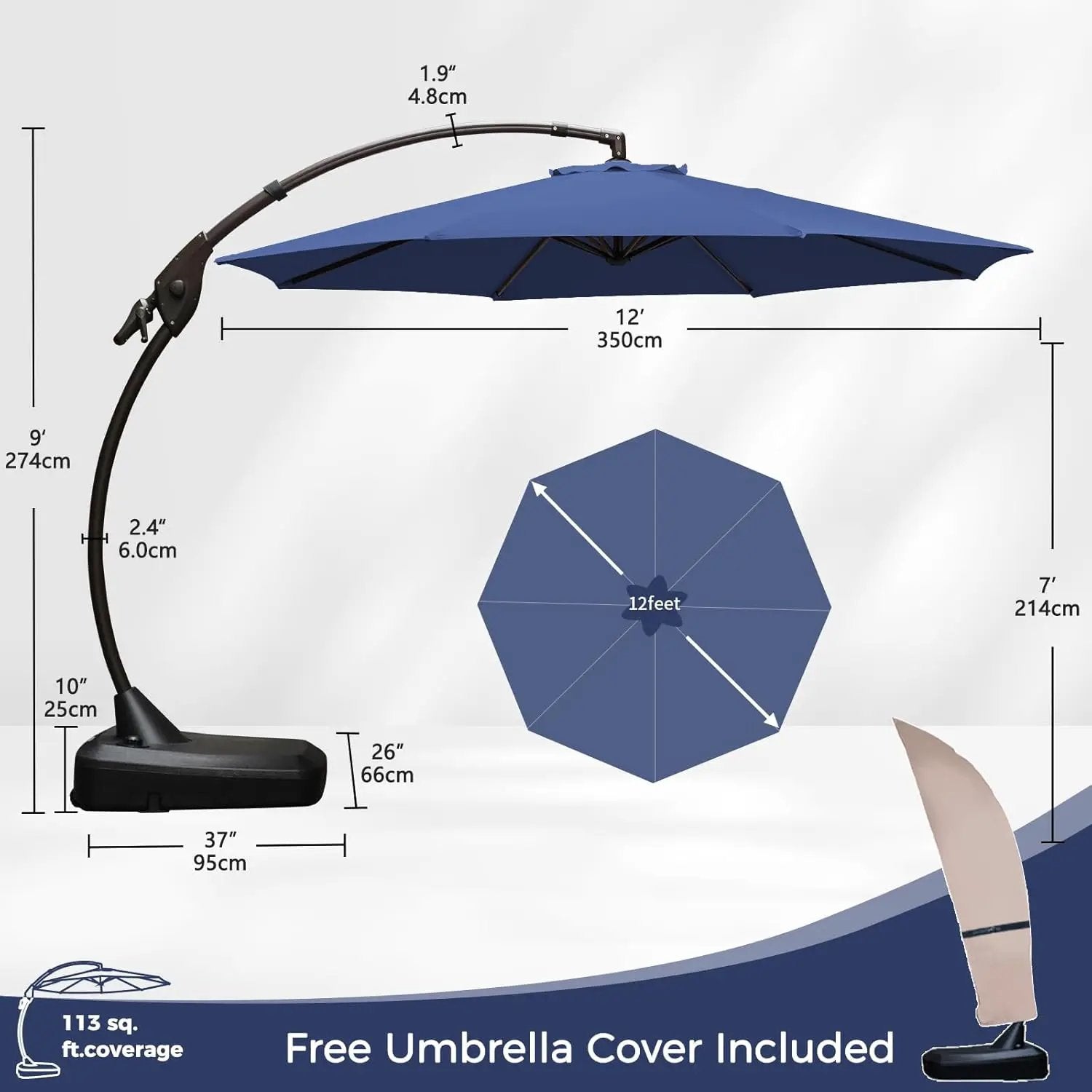 Grand patio 12FT Outdoor Offset Umbrella with Base & Cover Patio Aluminum Round Cantilever Umbrella for Garden Deck Poolside (Navy Blue, 12 FT) by GreenHaven Gardens
