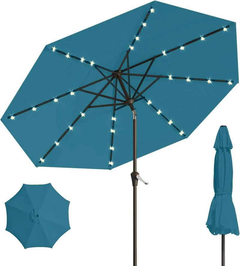 10FT Solar Umbrella 32 LED Lighted Patio Umbrella Table Market Umbrella w/Tilt and Crank, UV-Resistant Outdoor Umbrella for Pool, Garden, Deck, Lake Blue by GreenHaven Gardens