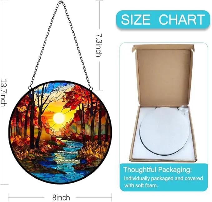 Sunrise Tree and River Landscape Stained Glass Suncatcher for Window Hanging - Sunrise Painting Sun Catcher Window Ornaments with Metal Chain and Hook - Decor Gift for Mom Wife Husband Nature Lovers by GreenHaven Gardens